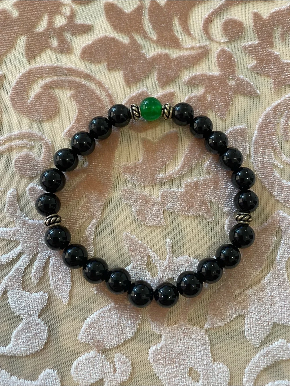 Vintage Black Beaded Stretch Bracelet with Emerald Accent Stone